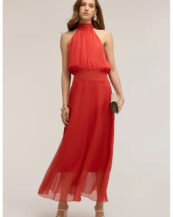 Rochie cu decolteu halter Long Voile, Rosu