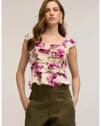 Top crop cu model floral, Alb/Roz