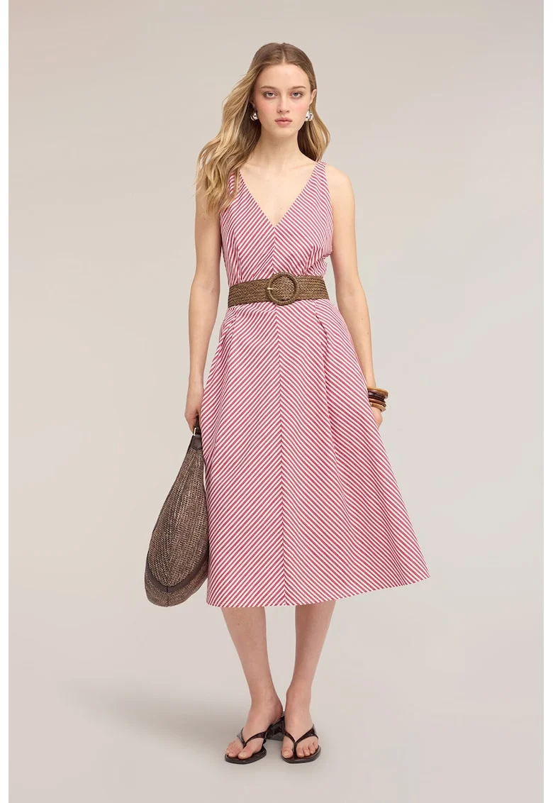 Rochie evazata cu buzunare laterale, Rosu/Alb
