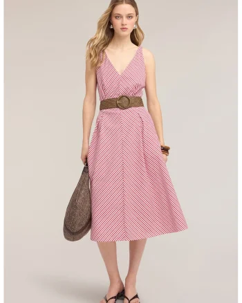 Rochie evazata cu buzunare laterale, Rosu/Alb