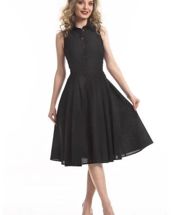 Rochie midi de in cu croiala evazata Valeria, Negru antracit