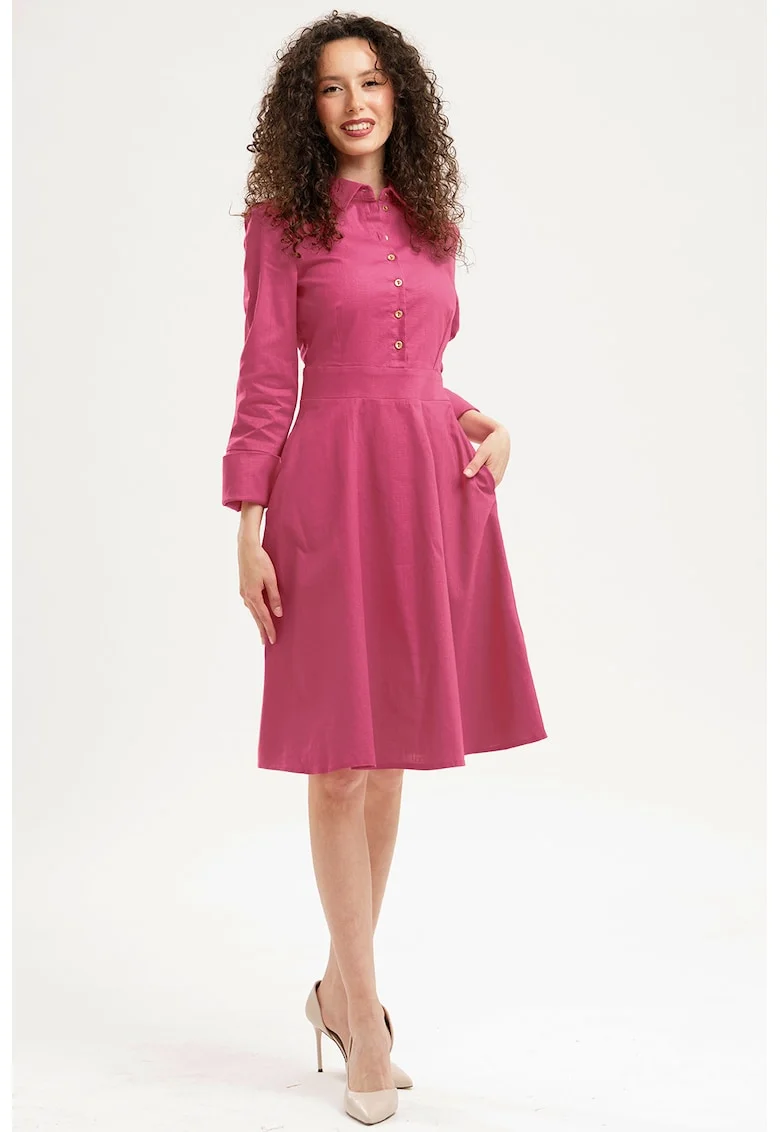 Rochie evazata cu fenta cu nasturi, Fucsia