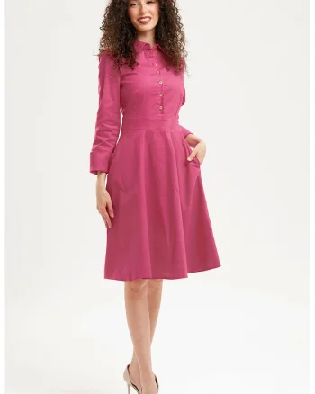 Rochie evazata cu fenta cu nasturi, Fucsia