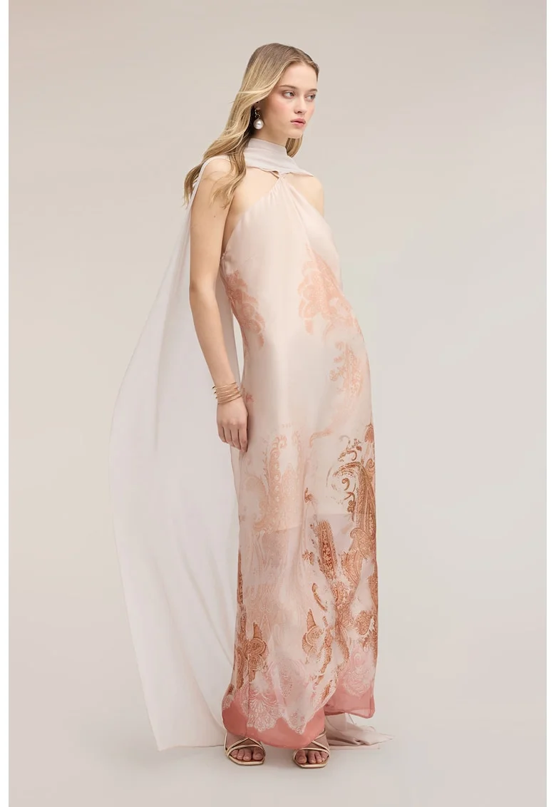 Rochie lunga din satin cu esarfa, Roz deschis