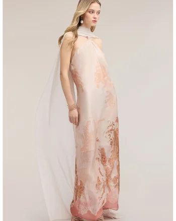 Rochie lunga din satin cu esarfa, Roz deschis