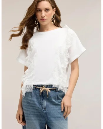 Tricou cu aplicatii de dantela cu volane, Alb