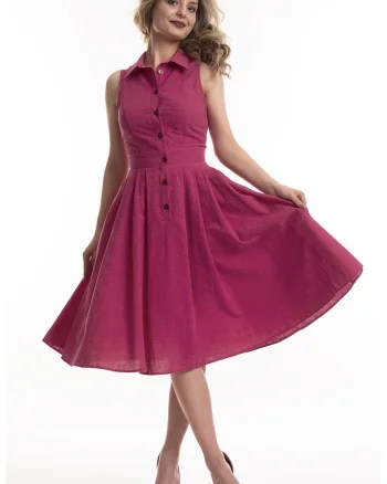 Rochie midi de in cu croiala evazata Valeria, Roz zmeuriu