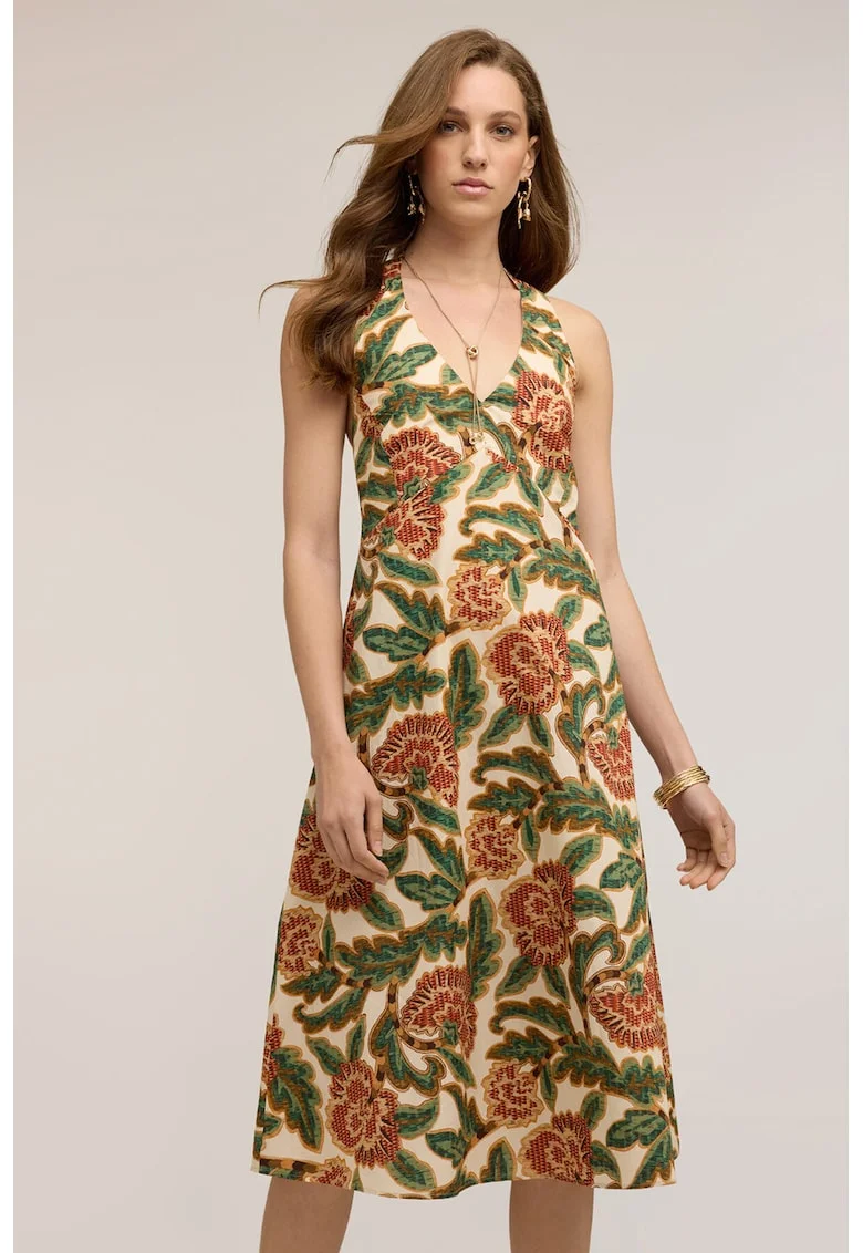 Rochie din bumbac cu decolteu halter, Verde/Rosu antichizat/Bej deschis