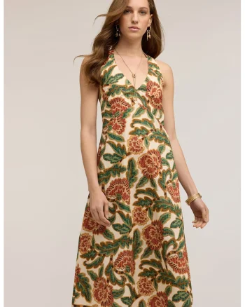 Rochie din bumbac cu decolteu halter, Verde/Rosu antichizat/Bej deschis