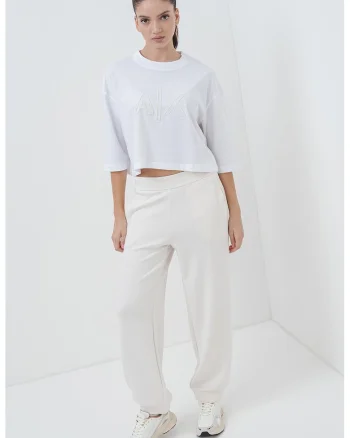 Tricou crop cu decolteu la baza gatului, Alb/Crem