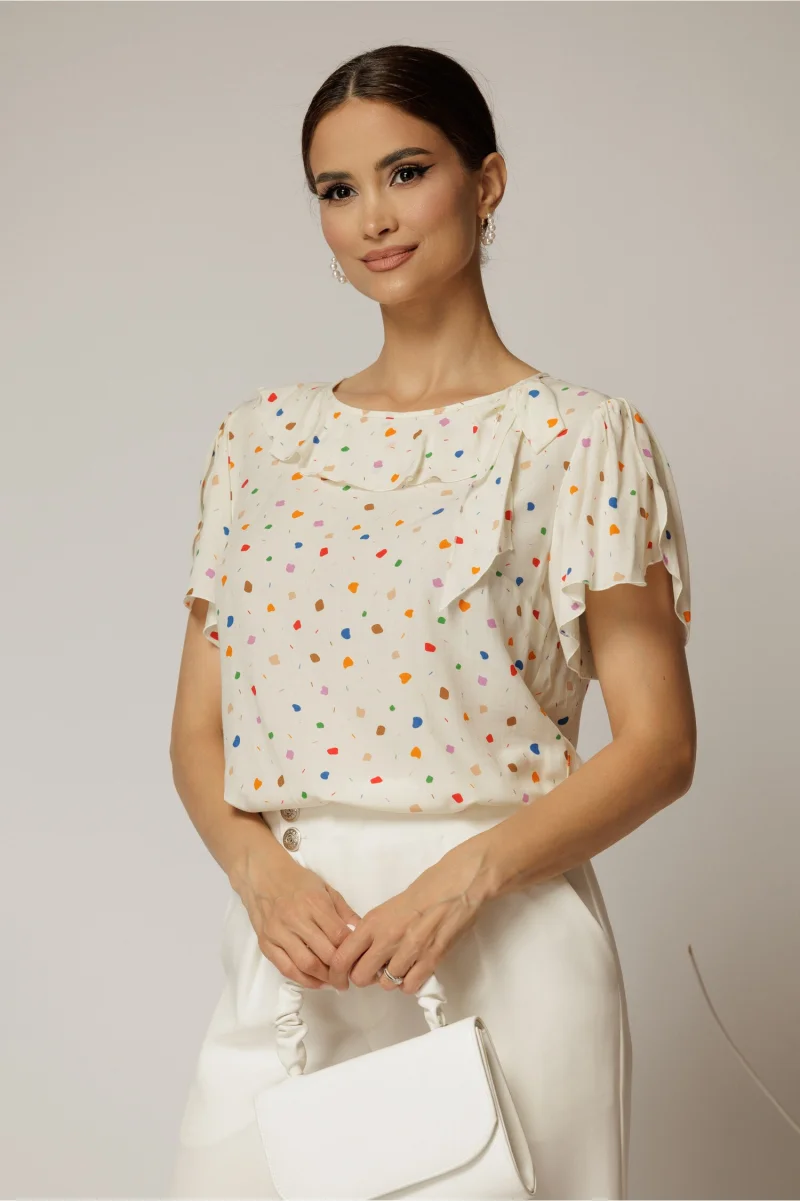 Bluza ivoar cu imprimeuri colorate din viscoza cu funda la decolteu si volanas