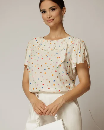 Bluza ivoar cu imprimeuri colorate din viscoza cu funda la decolteu si volanas