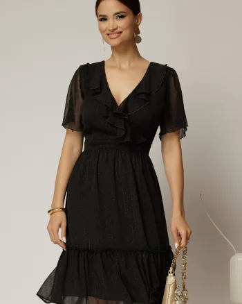 Rochie midi din voal negru cu decolteu petrecut cu volanase si maneci scurte