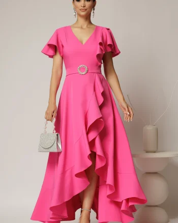 Rochie lunga de ocazie din stofa fucsia cu volane si cordon in talie