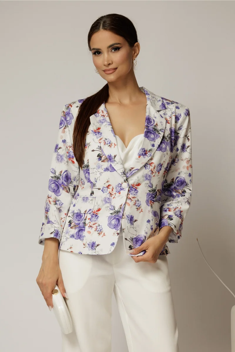 Sacou dama alb cu imprimeu floral lila