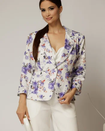 Sacou dama alb cu imprimeu floral lila