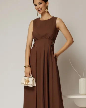 Rochie DY Fashion midi maro din bumbac cu nasturi si cusaturi pe talie