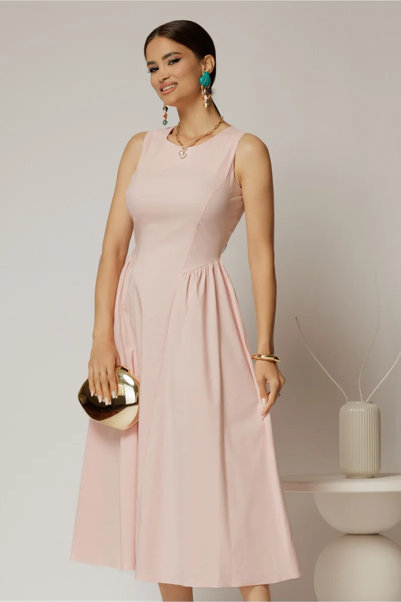Rochie DY Fashion midi roz din bumbac cu cret pe solduri