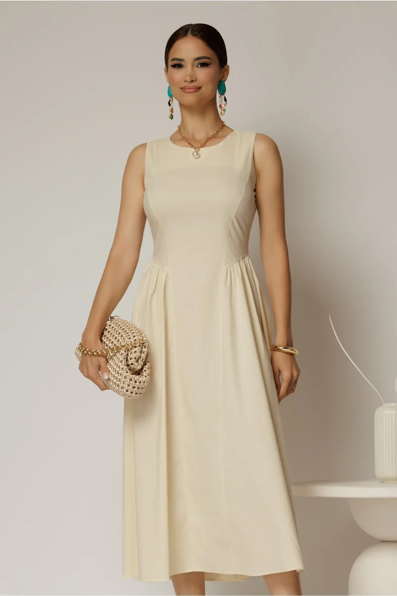 Rochie DY Fashion midi ivoar unt din bumbac cu cret pe solduri