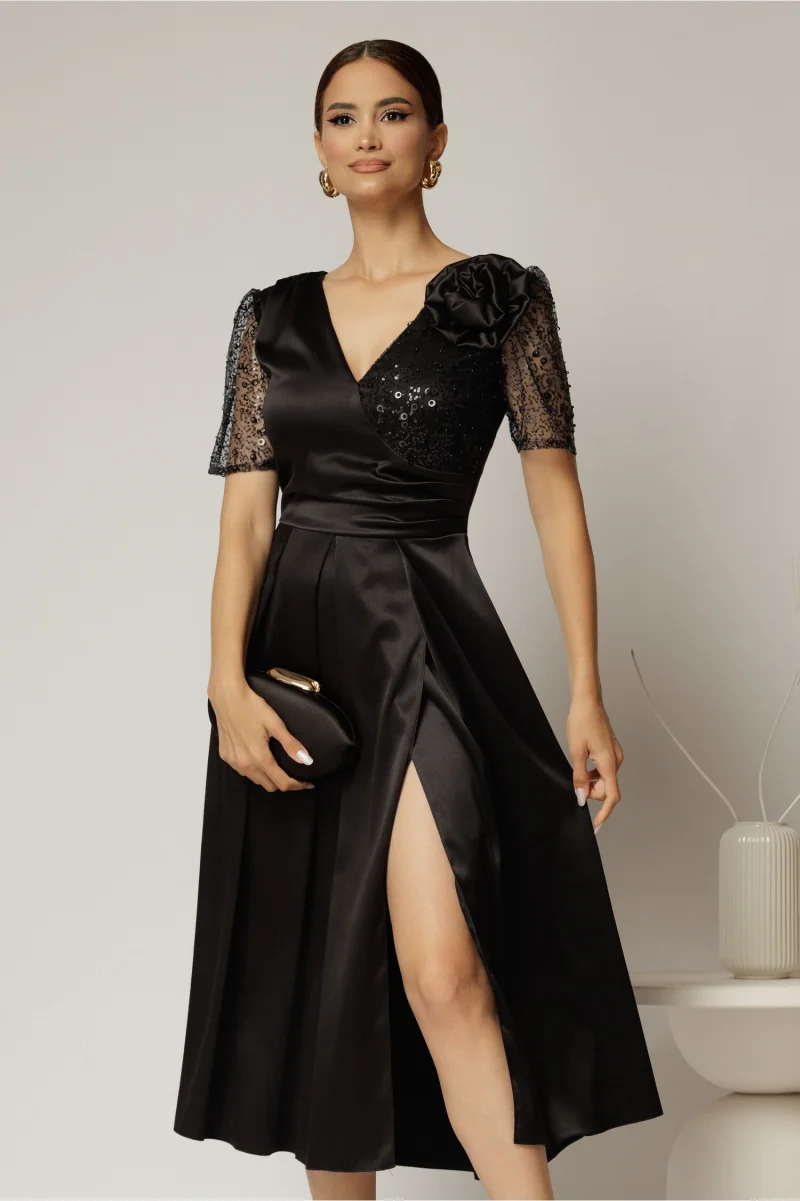 Rochie midi neagra de ocazie din tafta si paiete