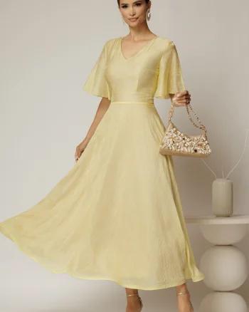 Rochie DY Fashion midi galbena din tencel cu insertii sidefate