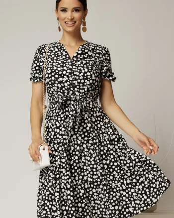 Rochie midi din viscoza neagra cu imprimeu alb