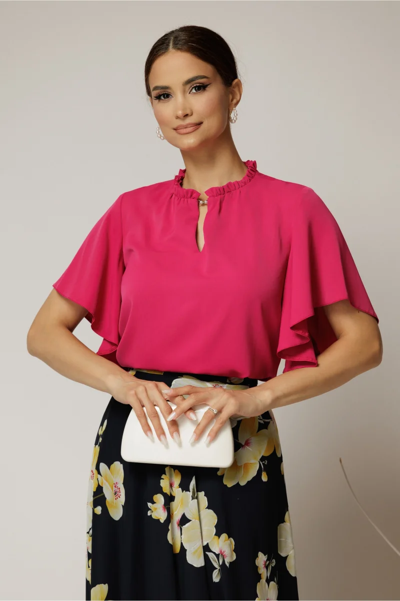 Bluza DY Fashion fucsia cu cret la guler si decupaj la decolteu