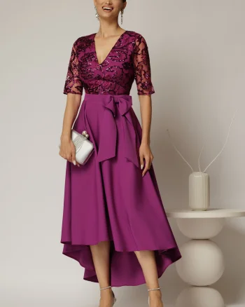 Rochie DY Fashion asimetrica mov cu dantela cu paiete la bust si funda ampla