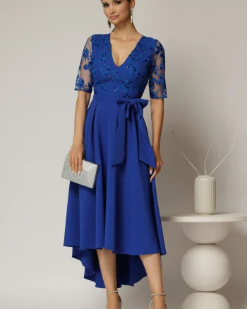 Rochie DY Fashion asimetrica albastra cu dantela cu paiete la bust si funda ampla