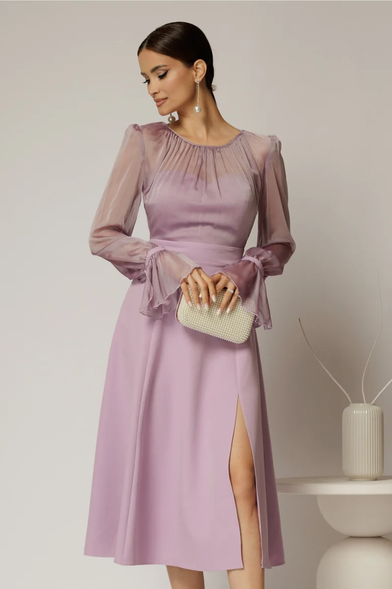 Rochie DY Fashion midi lila de ocazie cu voal la bust