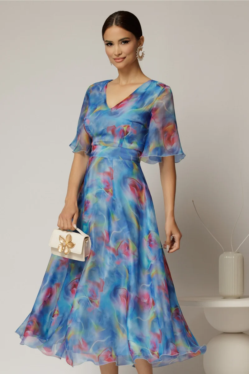 Rochie DY Fashion midi din organza cu imprimeuri bleu lila