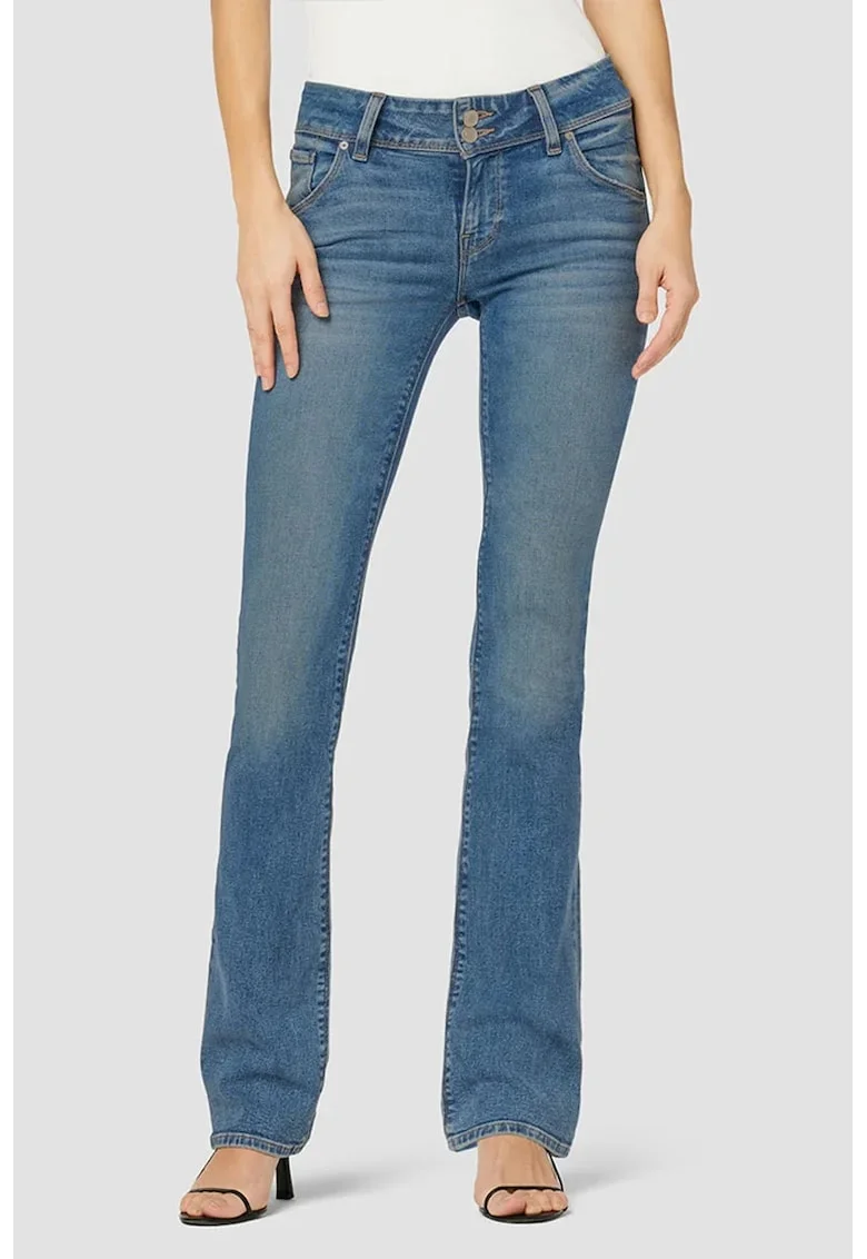 Blugi skinny evazați, din denim premium cu aspect prespălat, Albastru