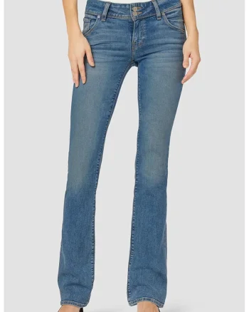 Blugi skinny evazați, din denim premium cu aspect prespălat, Albastru