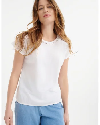 Tricou din bumbac si modal cu perforatii, Alb