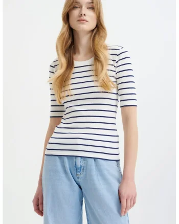 Tricou slim fit striat, Alb/Bleumarin