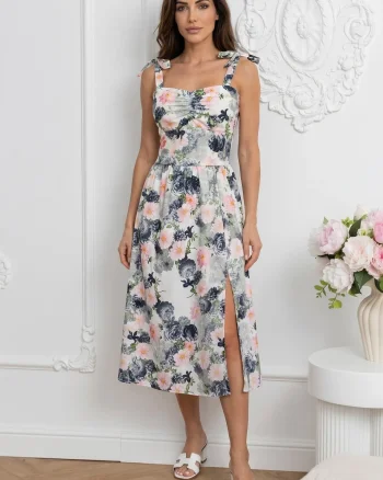 Rochie midi alba cu imprimeu flo...