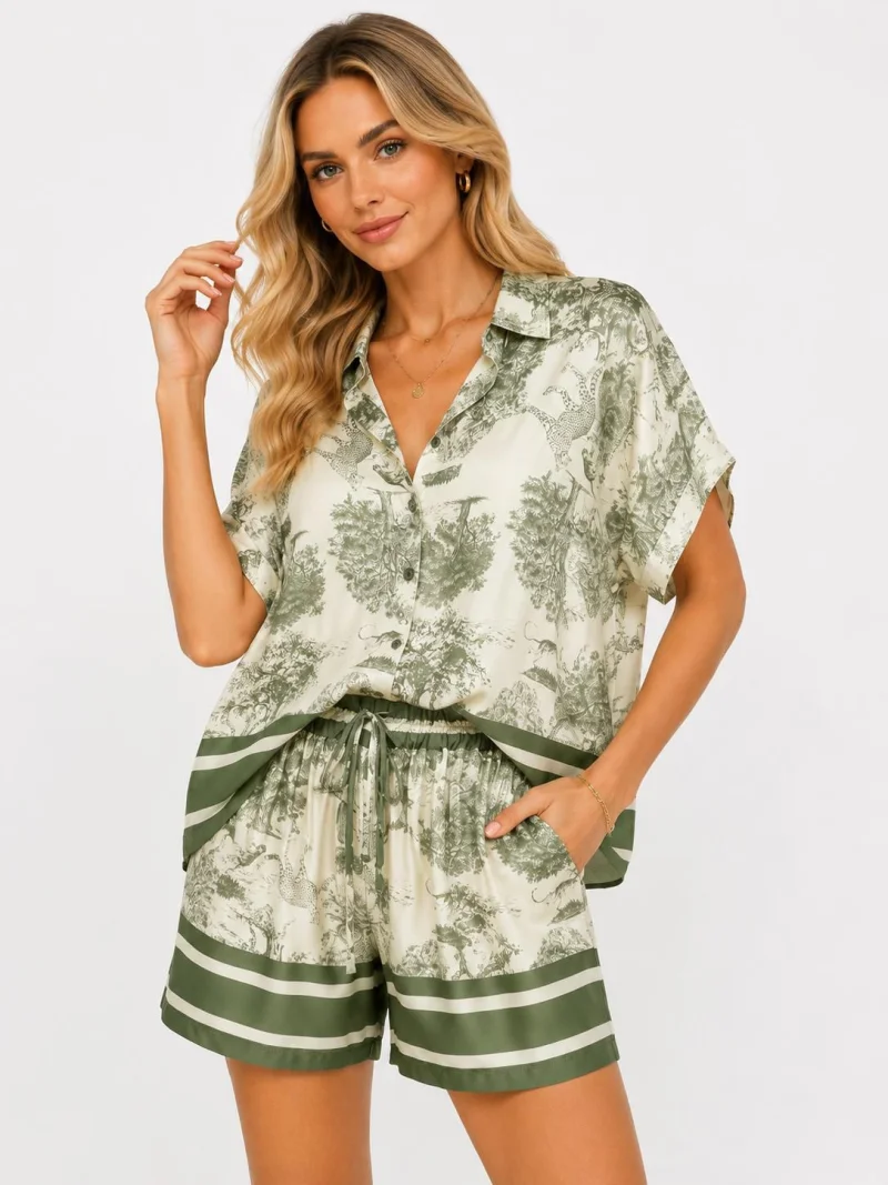 Set Shells bluza cu nasturi si pantalon scurt din mix matase Off White Green