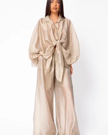Set Summer Shells camasa si Pantalon lung din mix matase Beige