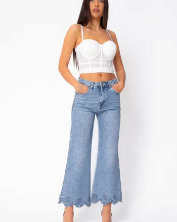 Blugi elastici cu broderie florala si strasuri Blue