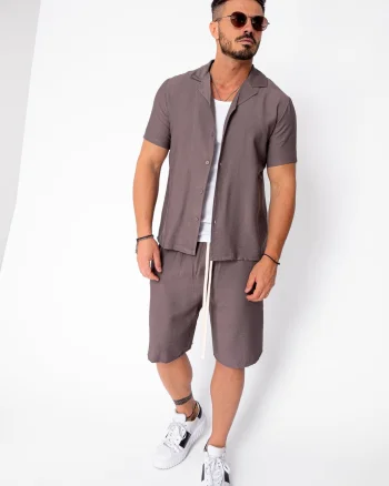 Set camasa cu maneca scurta si pantalon scurt Taupe