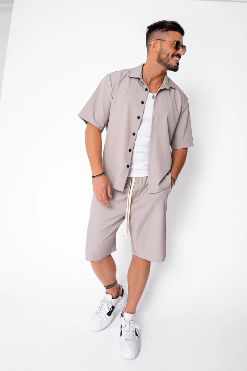 Set camasa cu maneca scurta si pantalon scurt Oversized Beige