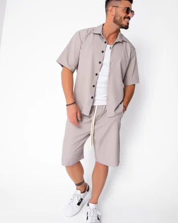Set camasa cu maneca scurta si pantalon scurt Oversized Beige