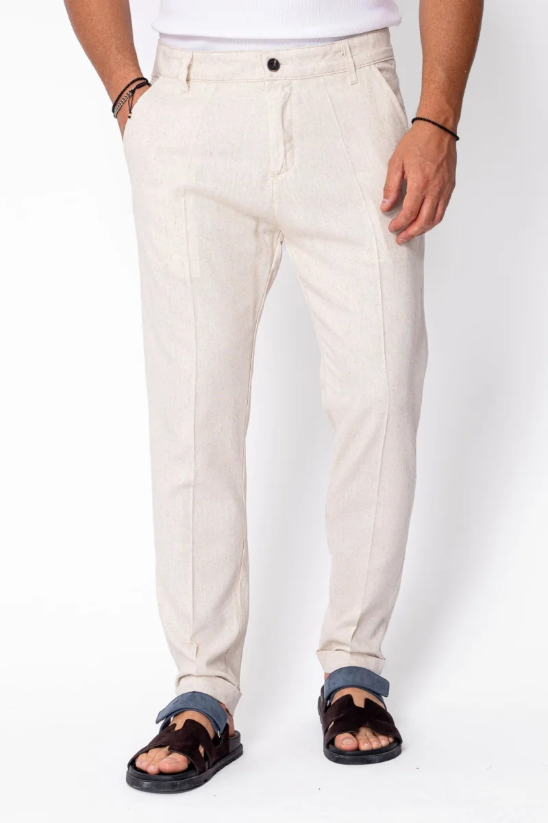 Pantaloni lungi din in cu nasture Beige