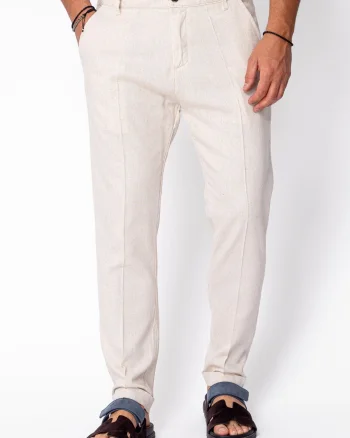 Pantaloni lungi din in cu nasture Beige