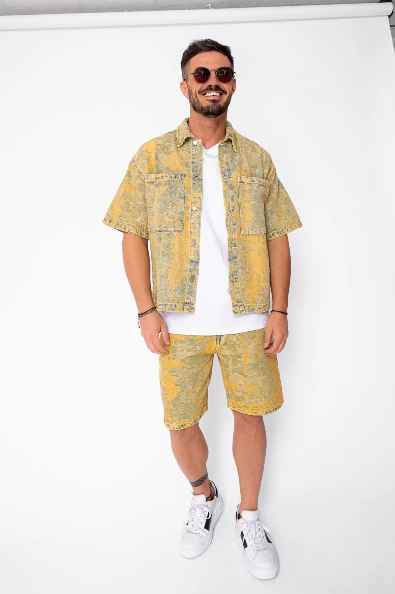 Set camasa si pantalon scurt din denim Blue Yellow