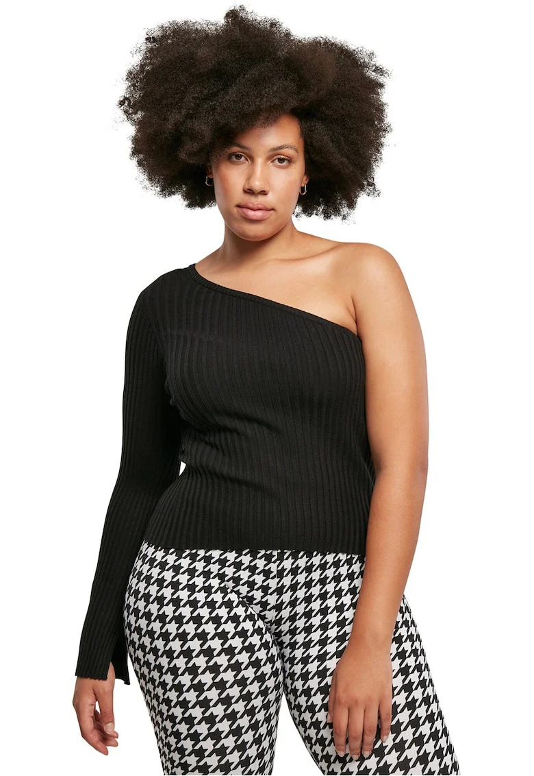 Bluza striata cu decolteu pe un umar, Negru