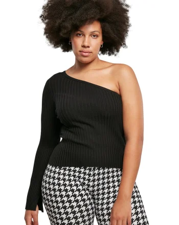 Bluza striata cu decolteu pe un umar, Negru