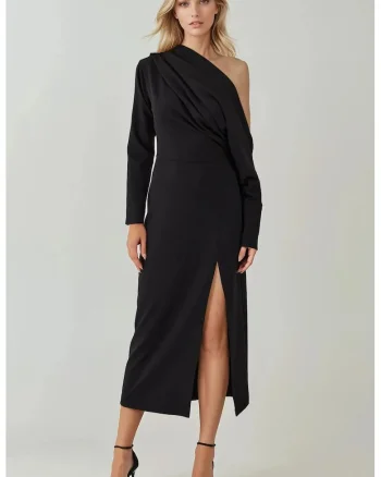 Rochie midi,  mulata, guler asimetric, crapatura, jerseu, Negru