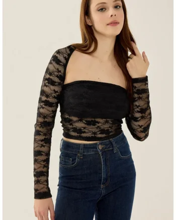 Top  top din dantela, slim fit, negru, jerseu