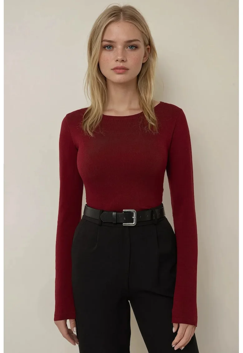Bluza dama,  top slim fit, decolteu tip barca, rosu, maneca lunga